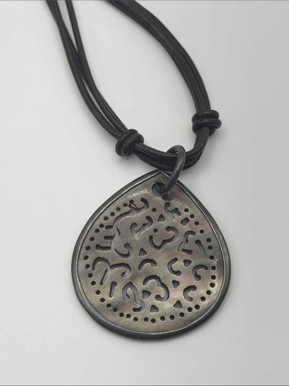 Silpada Sterling Silver Carved Abalone Shell/ Brown Leather Cord Necklace - Picture 3 of 5